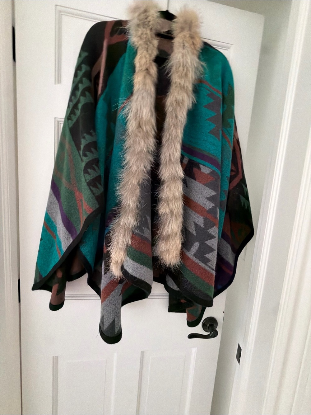 Southwestern Aztec print poncho with genuine fur trim